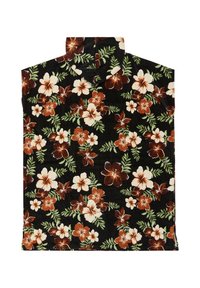 Zwarte capucho poncho met groene bladeren en een groot wit en bruin hibiscus bloemenpatroon.
