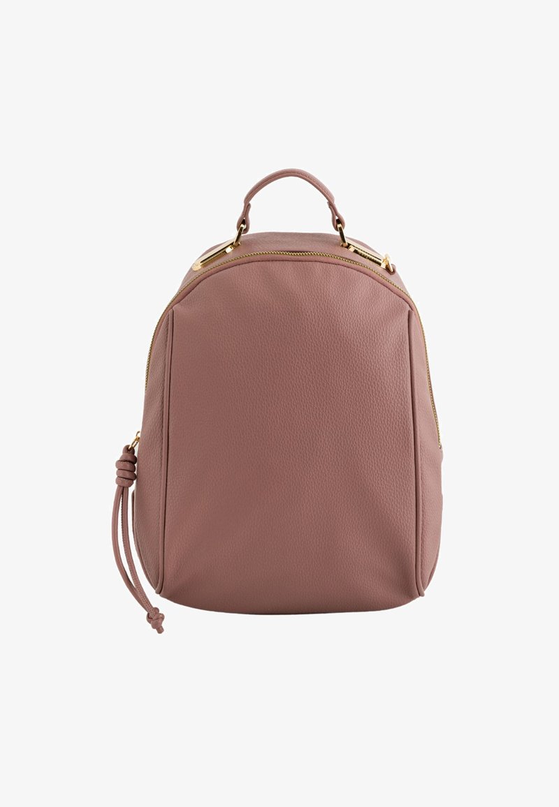 Leather backpack in soft pink with a textured surface, gold zipper, and a top handle. Features a rounded shape and additional side accents.