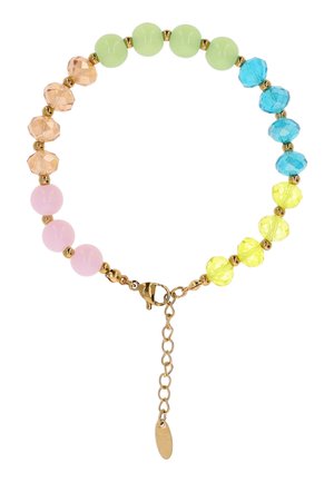 Armbånd med runde pastelperler i pink, fersken, grøn, blå og gul, adskilt af små gyldne afstandsperler og en gylden hummerlås.