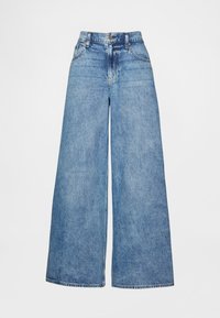 Jeans z širokimi hlačnicami iz svetlo modrega jeansa, z visokim pasom, sprednjimi žepi in klasičnim zapiranjem na gumb. Gladek tekstura brez vidnih vzorcev.