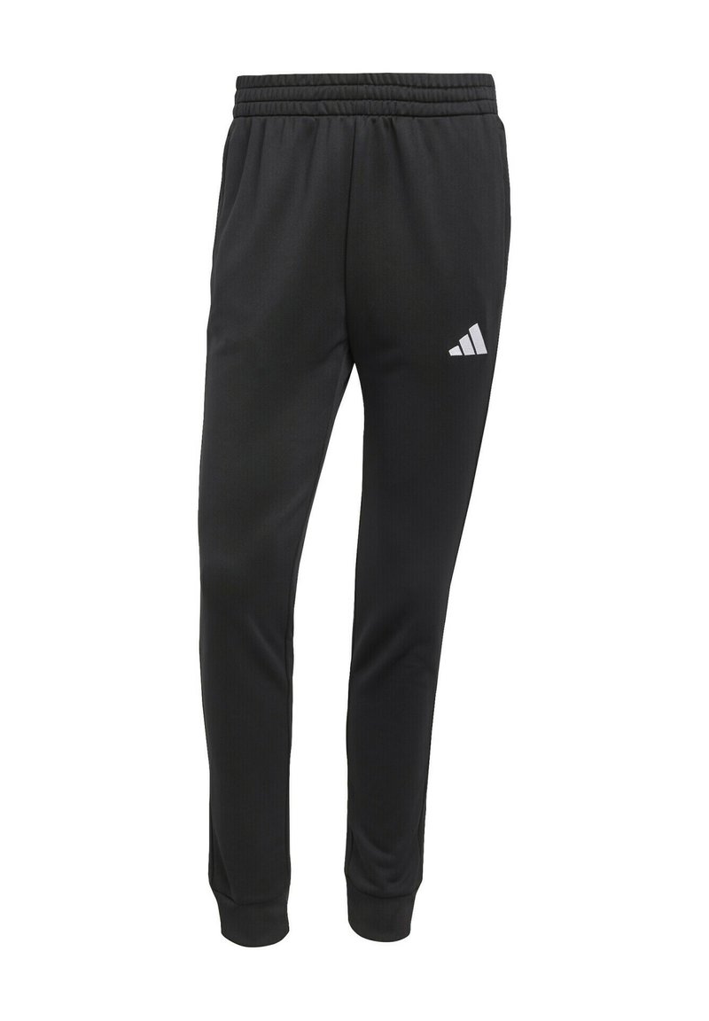 Czarne spodnie sportowe wykonane z lekkiego materiału z elastycznym pasem. Wśród cech wyróżnia się białe logo Adidas oraz zwężane mankiety.