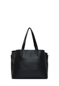 Zwarte leren tote bag met een gestructureerde afwerking, twee stevige handvatten en een eenvoudig ontwerp. Bevat een ritsvak aan de zijkant voor opbergruimte.