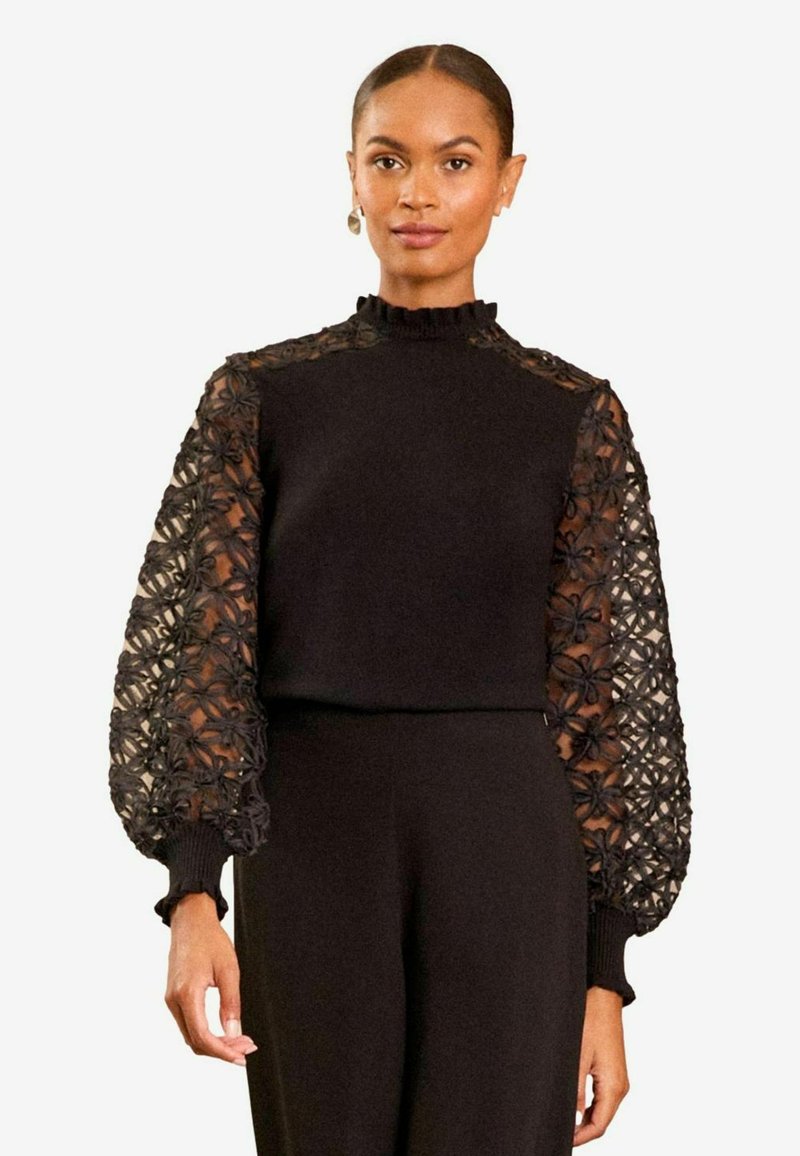 Love & Roses FINE GAUGE MIX FLUTE SLEEVE - REGULAR FIT - Palaidinė - pure black