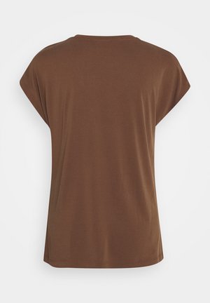 Bruin T-shirt met korte mouwen, voorzien van een ronde hals en een zachte, gladde stof met een losse pasvorm. De achterkant is effen zonder zichtbare details.