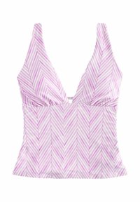 Haut sans manches rayé violet et blanc avec un décolleté en V profond. Présente un motif en chevron et un tissu doux. Silhouette légèrement ajustée.