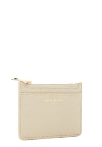 Beige leather cardholder with textured finish, gold zip closure, and embossed brand logo on the front. Compact and rectangular design.