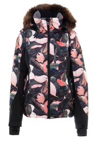 Veste d'hiver pour femme à motif floral avec des feuilles roses, noires et vertes, fermeture éclair frontale, poche poitrine, panneaux latéraux noirs et capuche bordée de fourrure.