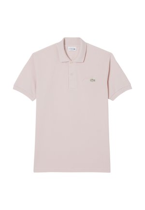 Polo shirt in zachtroze katoen met korte mouwen, een twee-knopen knoopsluiting en een groen geborduurd krokodillenlogo op de borst.