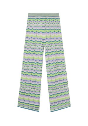 Pantalones de punto de pierna ancha con un patrón de zigzag multicolor en tonos verdes, azules, morados y blancos.
