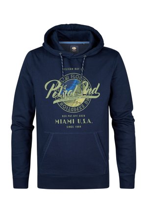 Sudadera azul marino hecha de una mezcla de algodón, que cuenta con un bolsillo canguro delantero, cordones ajustables y un diseño de logo impreso en verde.