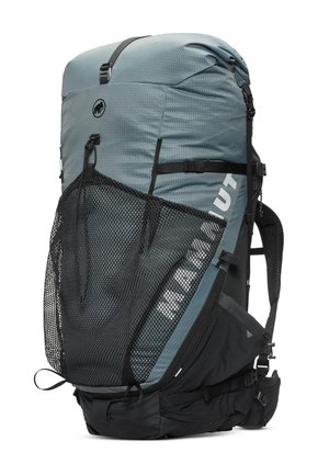 Backpack with a grey durable fabric, large main compartment, black mesh side pocket, and adjustable straps. Features logo and side zip opening.