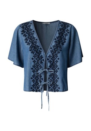 Modrá blúzka s krátkym rukávom s čiernymi vyšívanými geometrickými vzormi a dvoma zaväzovacími uzlami vpredu, s výstrihom do V a skráteným strihom.