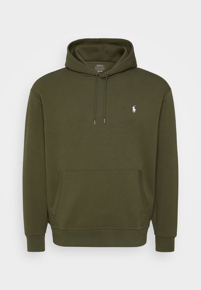 Olive green hoodie made from soft fabric. Features a front pouch pocket, drawstring hood, and a small embroidered logo on the chest.