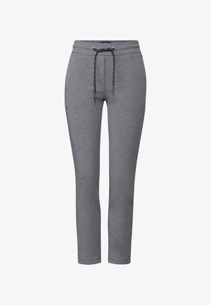 Pantalon de jogging gris avec taille à cordon, présentant un tissu texturé et des jambes fuselées. Aucune poche n'est visible.