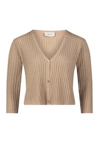 Beige gerippter Cardigan mit V-Ausschnitt, langen Ärmeln und fünf Knöpfen auf der Vorderseite. Hergestellt aus einem strukturierten Garn.