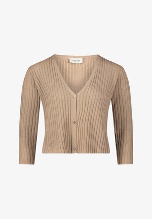 Beige gerippter Cardigan mit V-Ausschnitt, langen Ärmeln und fünf Knöpfen auf der Vorderseite. Hergestellt aus einem strukturierten Garn.