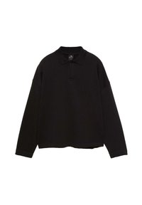 Zwarte polo met lange mouwen van katoen. Bevat een kraag, knoopsluiting en een relaxte pasvorm met een rechte zoom. Geen patronen of accenten.