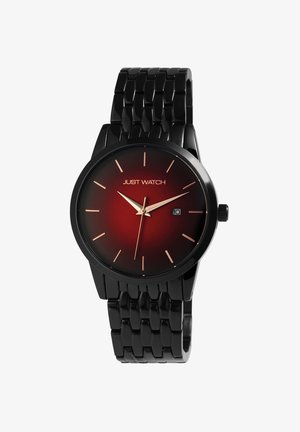 Schwarze Metalluhr mit rundem Ziffernblatt, Farbverlauf in Rot, roségoldenen Stundenmarkierungen, Datumsanzeige und einem verlinkten Armband.