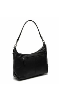 Musta nahkainen olkalaukku, jossa on yksi hihna, etupuolella vetoketjullinen tasku ja sileä pinta. Kaareva muoto, yksinkertainen muotoilu.