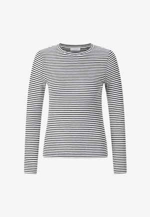 Majica s dolgimi rokavi z vodoravnimi črnimi in belimi črtami, oblikovana s krožnim izrezom, iz bombažnega materiala in mehke teksture.