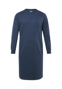 Vestido de manga larga azul marino hecho de suave tela de algodón; tiene un escote redondeado y un corte recto con puños elásticos.
