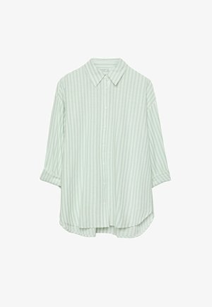 Lys grøn og hvid vertikalt stribet langærmet skjorte med knaplukning foran og foldede manchetter, vist på en hvid baggrund.