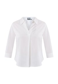 Camicia bianca con colletto, maniche lunghe arrotolate ai polsini, con una sottile piega frontale e orlo dritto. Realizzata in tessuto leggero.