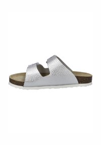 Silver slip-on sandal with two wide straps, textured upper, cork footbed, and white rubber sole. Features cutouts for breathability.