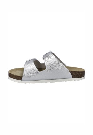 Silver slip-on sandal with two wide straps, textured upper, cork footbed, and white rubber sole. Features cutouts for breathability.