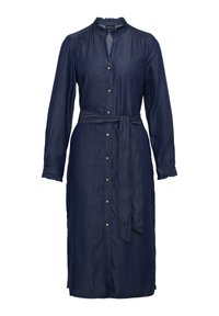 Navyblauwe denim jurk met lange mouwen, knoopsluiting aan de voorkant, gerimpelde kraag en een tailleband. Heeft een rechte snit en een subtiele glans.