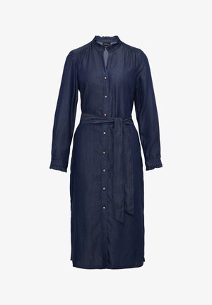 Robe en denim bleu marine avec des manches longues, devant à boutons, col volanté et ceinture à la taille. Présente une coupe droite et un éclat subtil.