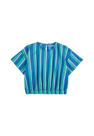 Blusa tagliata con strisce verticali blu e verdi e dettagli rosa. Realizzata in tessuto leggero, presenta un orlo arricciato e un'apertura a chiave sul retro.
