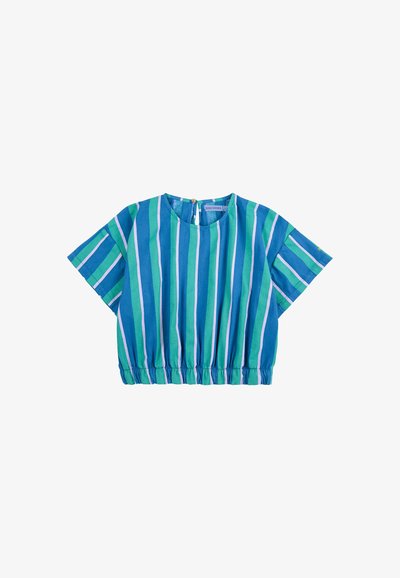Gekürzte Bluse mit blauen und grünen vertikalen Streifen sowie pinken Akzenten. Hergestellt aus leichtem Stoff, verfügt sie über einen gerafften Saum und ein Schlüsselloch im Rücken.