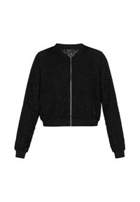 Schwarze cropped Bomberjacke aus strukturiertem Stoff mit glänzender Oberfläche, mit einem Frontreißverschluss und gerippten Bündchen und Saum.