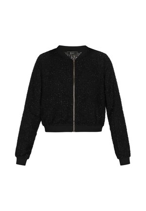 Čierna skrátená bomber bunda vyrobená z textúrovanej tkaniny so lesklým povrchom, so zipsom na prednej strane a rebrovanými manžetami a spodným okrajom.