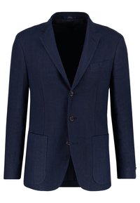 Mörkblå herrblazer med notch-flikar, tre framknappar, två nedersta fickor med patch och en bröstficka.