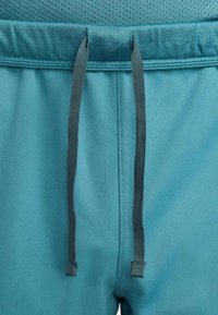 Τα τιρκουάζ αθλητικά σορτς διαθέτουν λεία ύφασμα, ελαστική μέση με στενά, σκούρα γκρι κορδόνια και ελαφρώς υφασμένες λεπτομέρειες στο πάνω μέρος.