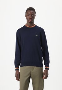 Marineblauwe trui met lange mouwen en geribbelde halslijn, met oranje, rode en groene strepen. Lacoste-logo op de borst; gebreide textuur.