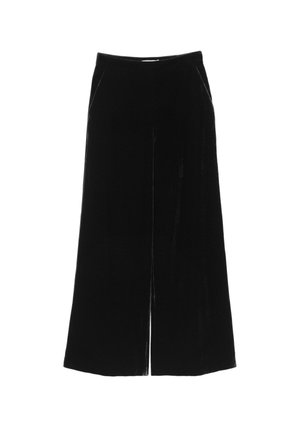 Black velvet wide-leg trousers with a smooth texture, featuring a high waist, side pockets, and a center front split detail.