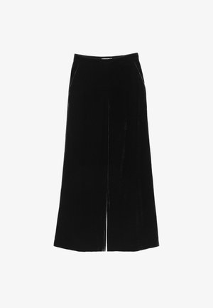 Black velvet wide-leg trousers with a smooth texture, featuring a high waist, side pockets, and a center front split detail.