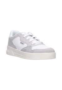 Sneakers caratterizzati da una combinazione di suede grigio e pelle bianca, con punta arrotondata, lacci bianchi e colletto imbottito. Suola in gomma.