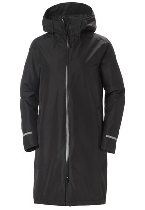 Abrigo negro impermeable con cierre frontal de cremallera, capucha ajustable, mangas largas con acentos reflectantes y un diseño de corte recto.