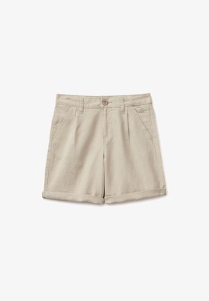 Beige Freizeithosen mit umgeschlagenen Säumen, seitlichen Vordertaschen, Gürtelschlaufen und einem Knopfverschluss an der Taille.