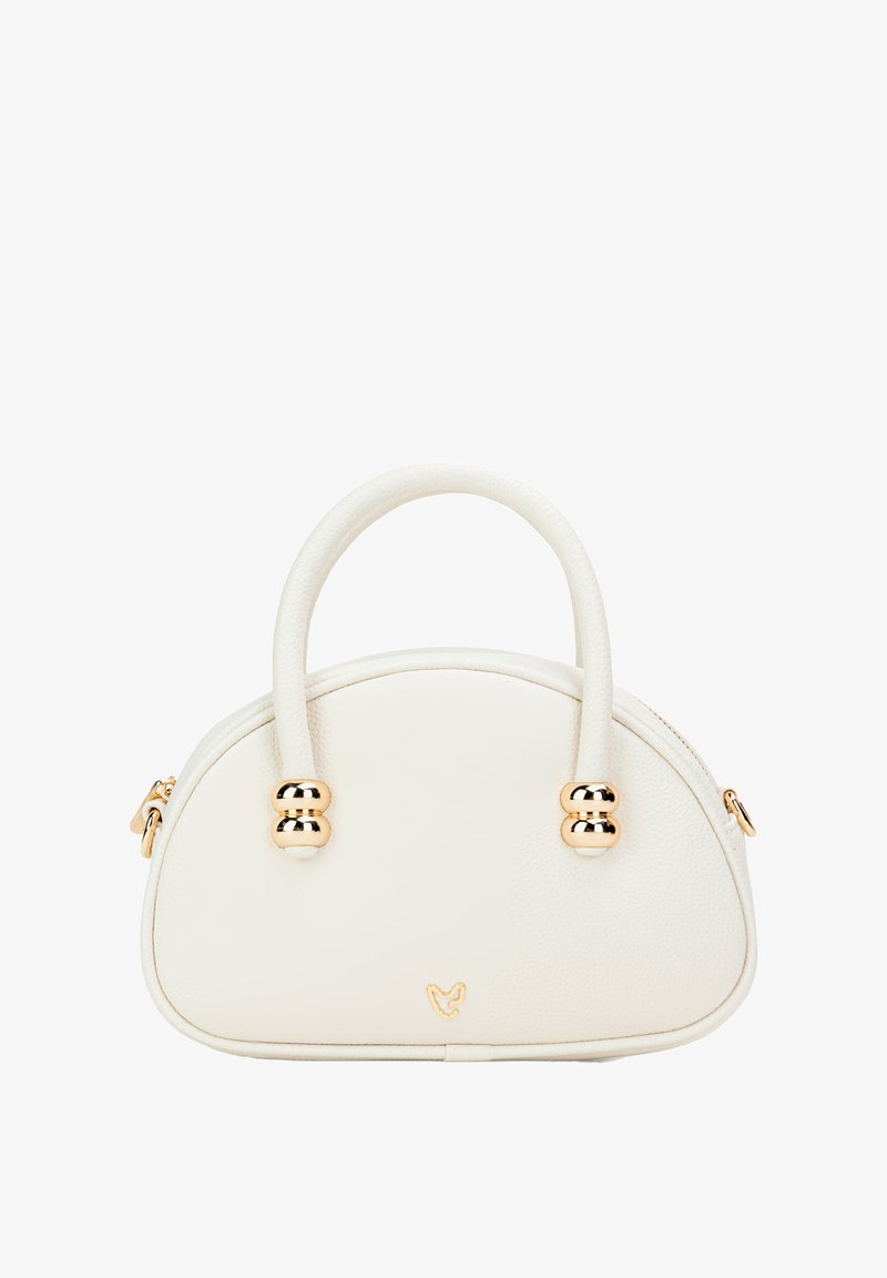 Borsa a tracolla in pelle bianca con forma arrotondata, due manici corti e dettagli in metallo dorato. Presenta una superficie testurizzata e chiusura con zip.