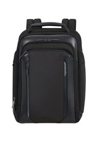 Zaino nero rettangolare con multiple tasche con cerniera, spallacci imbottiti e una maniglia superiore, mostrato dalla vista frontale.