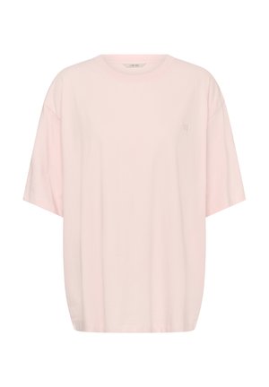 Svetloružové oversize tričko s krátkym rukávom, okrúhlym výstrihom a jemnou výšivkou loga na ľavej strane hrudníka.