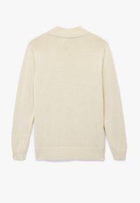 Hellbeige Strickjacke mit geripptem Kragen und Bündchen. Weiche Textur mit einem schlichten Muster, kombiniert mit langen Ärmeln und einer lockeren Passform.