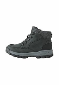 Bottines noires et grises avec tige en cuir et feutre, semelle en caoutchouc texturée et lacets ronds. Elles disposent d'un col rembourré et d'une construction robuste.