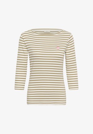 Dugih rukava, bež i bijela majica s horizontalnim prugama, s malim ružičastim srcem izvezenim na lijevom prsnom dijelu.