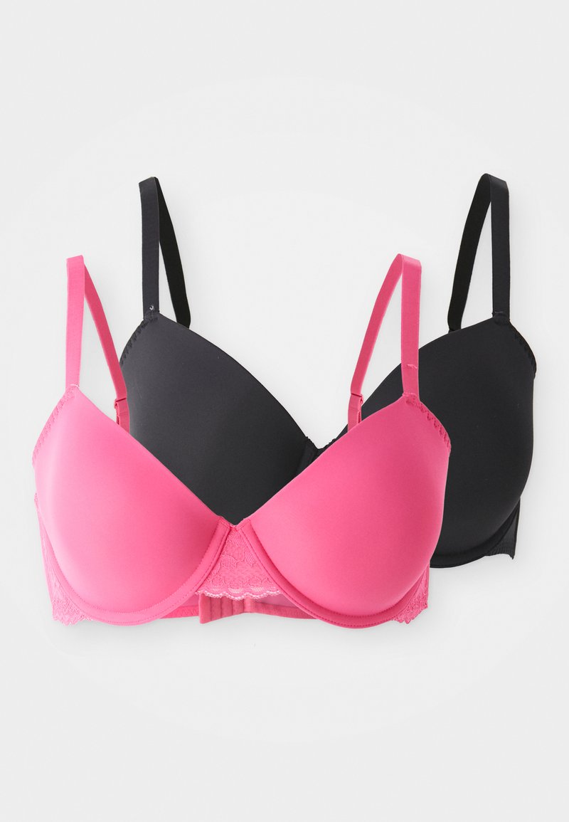 Dois soutiens são exibidos: um em rosa vibrante com acabamento de renda e o outro em preto sólido, ambos com alças ajustáveis e um design moldado.